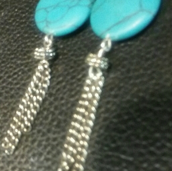 Handmade Silver Chained Turquoise Disc Earrings - Picture 2 of 3